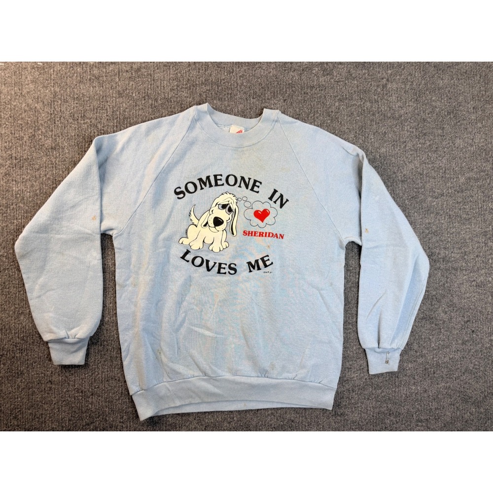 Vintage Jerzees Sweatshirt L Blue Someone In Sheridan Loves Me Dog USA Made Y2K